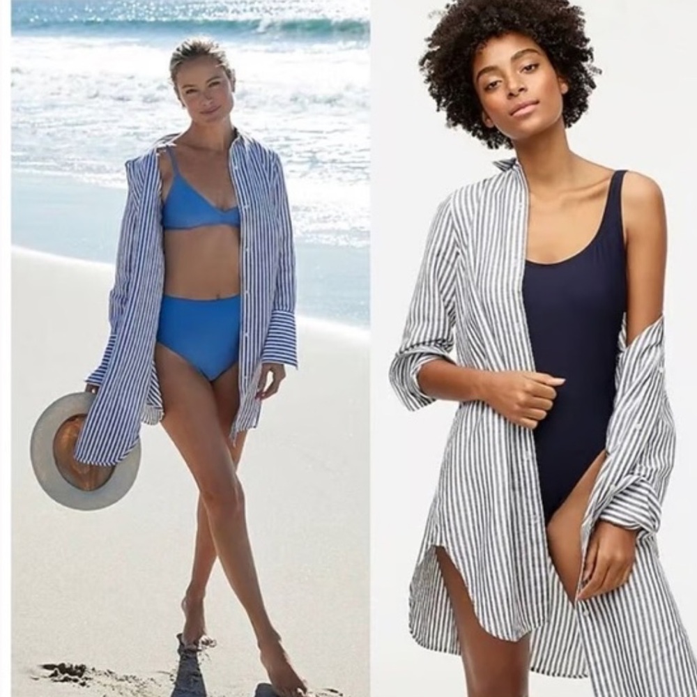 J. Crew Classic Fit Beach Shirt in Striped Linen Cotton Blend Tunic